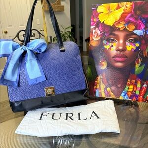Furla Tri-colored Blue Pebbled Leather Satchel